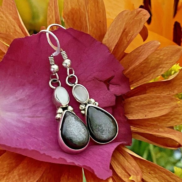 Vintage Sterling Silver Moonstone Cat Eye Earrings - Picture 3 of 9